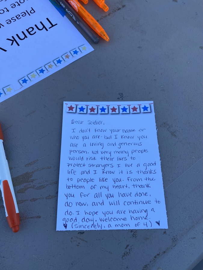 Thank-you note written for the care package project